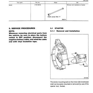 May include: Diagram from a service manual showing engine electrical components. Includes a socket tool with a 17 mm width, and a diagram of a starter motor. Text includes service procedures and removal instructions.