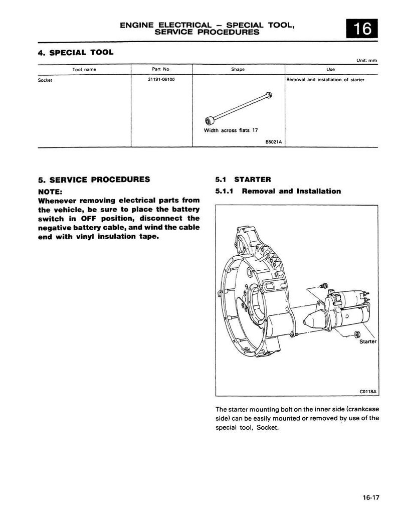May include: Diagram from a service manual showing engine electrical components. Includes a socket tool with a 17 mm width, and a diagram of a starter motor. Text includes service procedures and removal instructions.