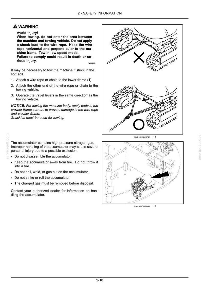 May include: Diagrams illustrating safety information for a machine, including towing instructions and accumulator handling guidelines. The image includes warnings about potential injuries and instructions for safe operation.