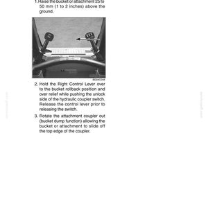 May include: An instructional page titled "Removing the Bucket" with a diagram of a machine's control panel. The text details steps for detaching the bucket, including raising it 1 to 2 inches above the ground and operating levers.