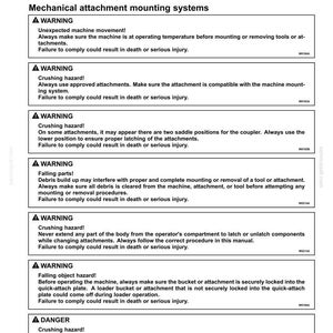 May include: A technical document page titled 6 - WORKING OPERATIONS, GENERAL INFORMATION, Mechanical attachment mounting systems. It contains six warning boxes and one danger box detailing safety procedures for machine attachments and loader arms.