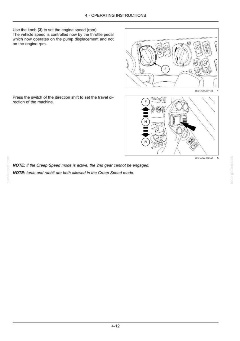 May include: A technical manual page titled 4 - OPERATING INSTRUCTIONS featuring black and white line drawings of a vehicle control panel with a knob labeled 3 and a direction shift switch with F, N, and R settings. Text includes instructions for engine speed and travel direction.