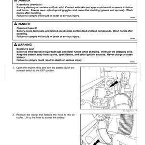May include: Diagram of a vehicle's battery removal process. The image includes warnings about hazardous chemicals and explosive gas, along with instructions to disconnect the battery and remove the hose. The text includes safety precautions.