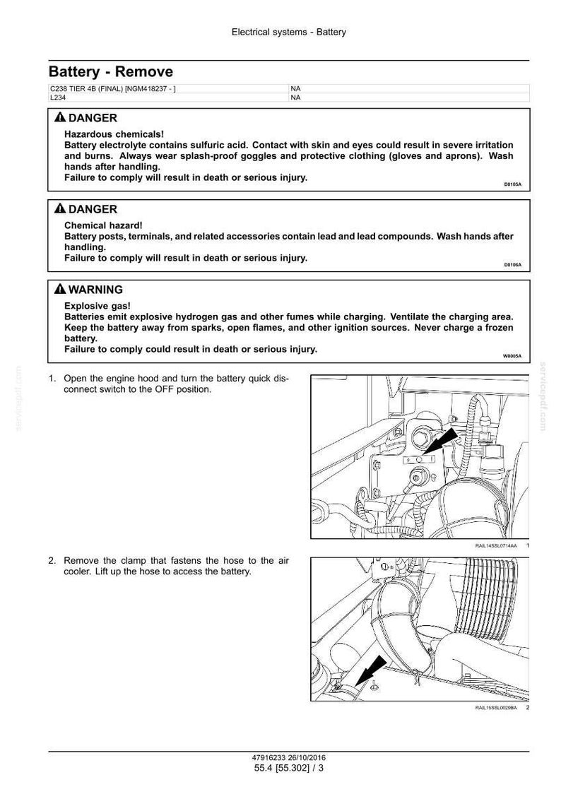 May include: Diagram of a vehicle's battery removal process. The image includes warnings about hazardous chemicals and explosive gas, along with instructions to disconnect the battery and remove the hose. The text includes safety precautions.