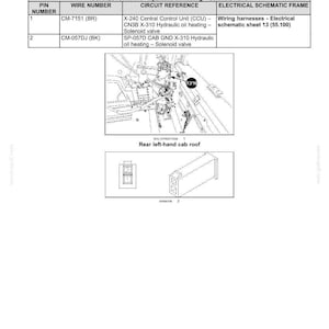 Op de afbeelding: Een technisch document getiteld Wire connectors - Component diagram 31, met details over connector X-310 voor hydraulische olieverwarmingsmagneetventielen. Het bevat een tabel met pinnummers, draadnummers en circuitreferenties.