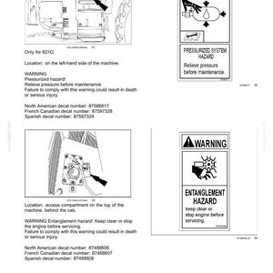 May include: Safety information sheet with diagrams and warnings. Includes a diagram of a machine component with a warning about pressurized hazards. Also shows an entanglement hazard warning.