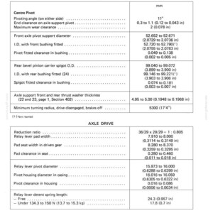 May include: A detailed technical diagram from a manual, titled "FRONT WHEEL - DRIVE: Specification and Data." It includes measurements in inches and degrees, detailing axle, drive, and pivot specifications. Page 2 of 40.