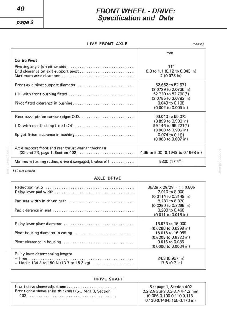 May include: A detailed technical diagram from a manual, titled "FRONT WHEEL - DRIVE: Specification and Data." It includes measurements in inches and degrees, detailing axle, drive, and pivot specifications. Page 2 of 40.