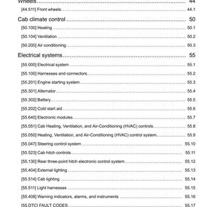 May include: A detailed table of contents from a manual, listing various systems and components. Sections include steering control, wheels, cab climate control, electrical systems, and platform, cab, bodywork, and decals. The document is dated 08/07/2016.
