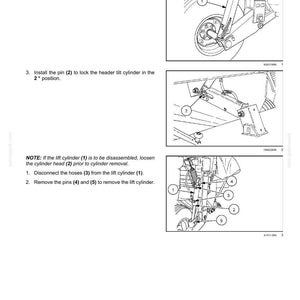 May include: Diagram of a hydraulic system for a header or attachment height system. The diagram shows the positioning cylinder removal process, including steps to disconnect hoses and remove pins. Text includes instructions and part numbers.