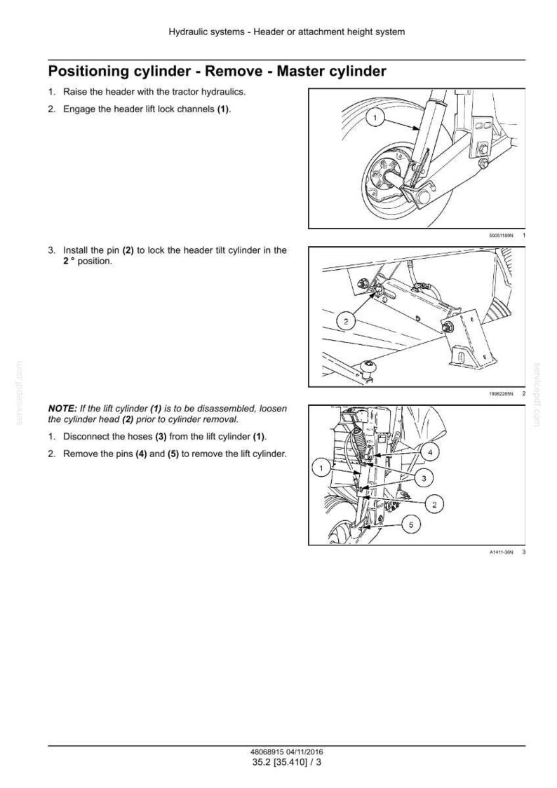 May include: Diagram of a hydraulic system for a header or attachment height system. The diagram shows the positioning cylinder removal process, including steps to disconnect hoses and remove pins. Text includes instructions and part numbers.