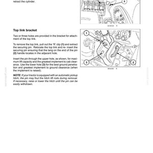 May include: A technical manual page titled 6 - WORKING OPERATIONS featuring black and white line drawings of tractor controls and a top link bracket. The text provides instructions for operating the top link cylinder and adjusting the top link bracket.