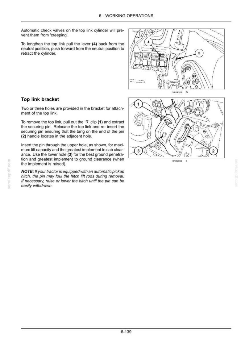 May include: A technical manual page titled 6 - WORKING OPERATIONS featuring black and white line drawings of tractor controls and a top link bracket. The text provides instructions for operating the top link cylinder and adjusting the top link bracket.