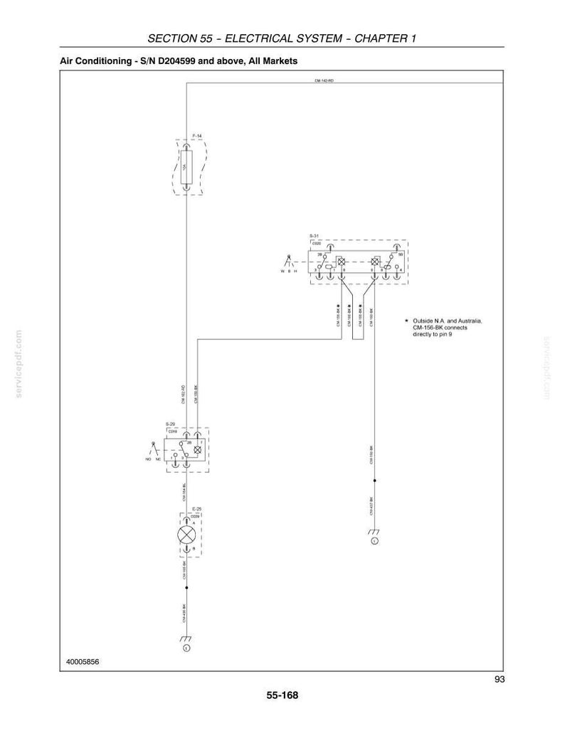 May include: A technical electrical schematic diagram titled Section 55 - Electrical System - Chapter 1, Air Conditioning - S/N D204599 and above, All Markets. The black and white line drawing displays circuit paths, component symbols, and text labels.