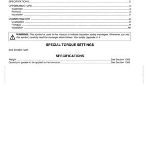 May include: A page from a manual with the title "TABLE OF CONTENTS". The text includes sections on torque settings, specifications, and counterweight. A warning symbol is present. The document is labeled "Lep 9-42551EN".