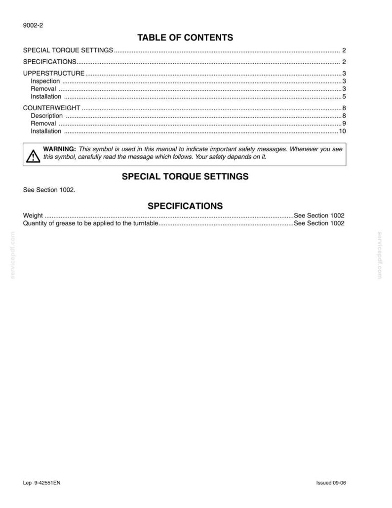 May include: A page from a manual with the title "TABLE OF CONTENTS". The text includes sections on torque settings, specifications, and counterweight. A warning symbol is present. The document is labeled "Lep 9-42551EN".