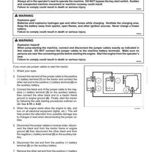 Pu&ograve; includere: Una pagina di manuale tecnico intitolata Starting the engine with jumper cables, contenente tre riquadri di avvertenza su movimento della macchina, gas esplosivi e rischi di esplosione, oltre a un elenco numerato e uno schema di collegamento.