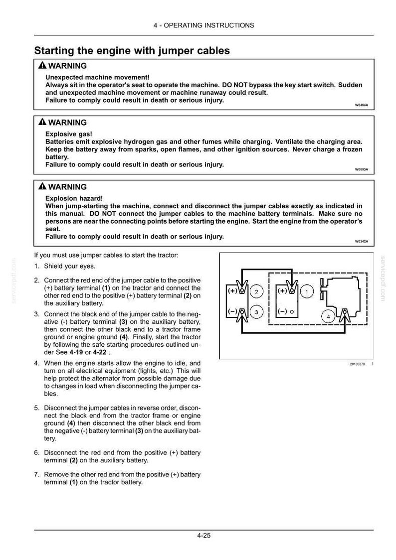 Pu&ograve; includere: Una pagina di manuale tecnico intitolata Starting the engine with jumper cables, contenente tre riquadri di avvertenza su movimento della macchina, gas esplosivi e rischi di esplosione, oltre a un elenco numerato e uno schema di collegamento.