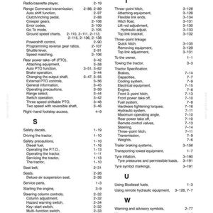 May include: A black and white index page from a technical manual, labeled Section 9, listing topics alphabetically from R to W. It includes entries for tractor components like the radio, rear power take-off, safety decals, seats, steering, and transmission.