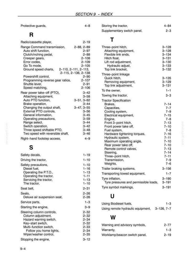 May include: A black and white index page from a technical manual, labeled Section 9, listing topics alphabetically from R to W. It includes entries for tractor components like the radio, rear power take-off, safety decals, seats, steering, and transmission.