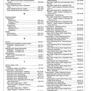 May include: A technical index page for the 480FI Rotary Harvesting Unit, labeled Index-2. The document lists mechanical components and procedures, including Hex Shaft, Outer Gathering Drums, Spur gear angle drive, and Transmission units.