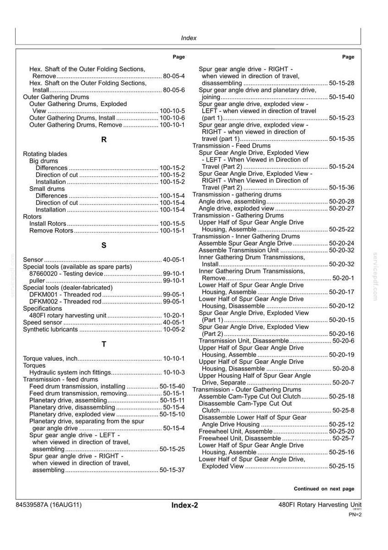 May include: A technical index page for the 480FI Rotary Harvesting Unit, labeled Index-2. The document lists mechanical components and procedures, including Hex Shaft, Outer Gathering Drums, Spur gear angle drive, and Transmission units.
