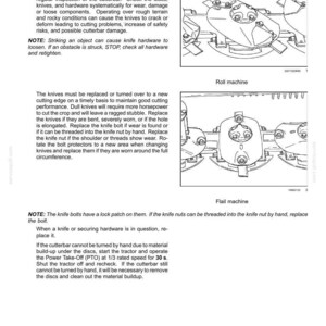 May include: Diagram detailing the inspection of a disc cutterbar, knives, and bolts. Instructions are provided for checking wear and damage. Includes illustrations of a roll machine and a flail machine, with associated text.