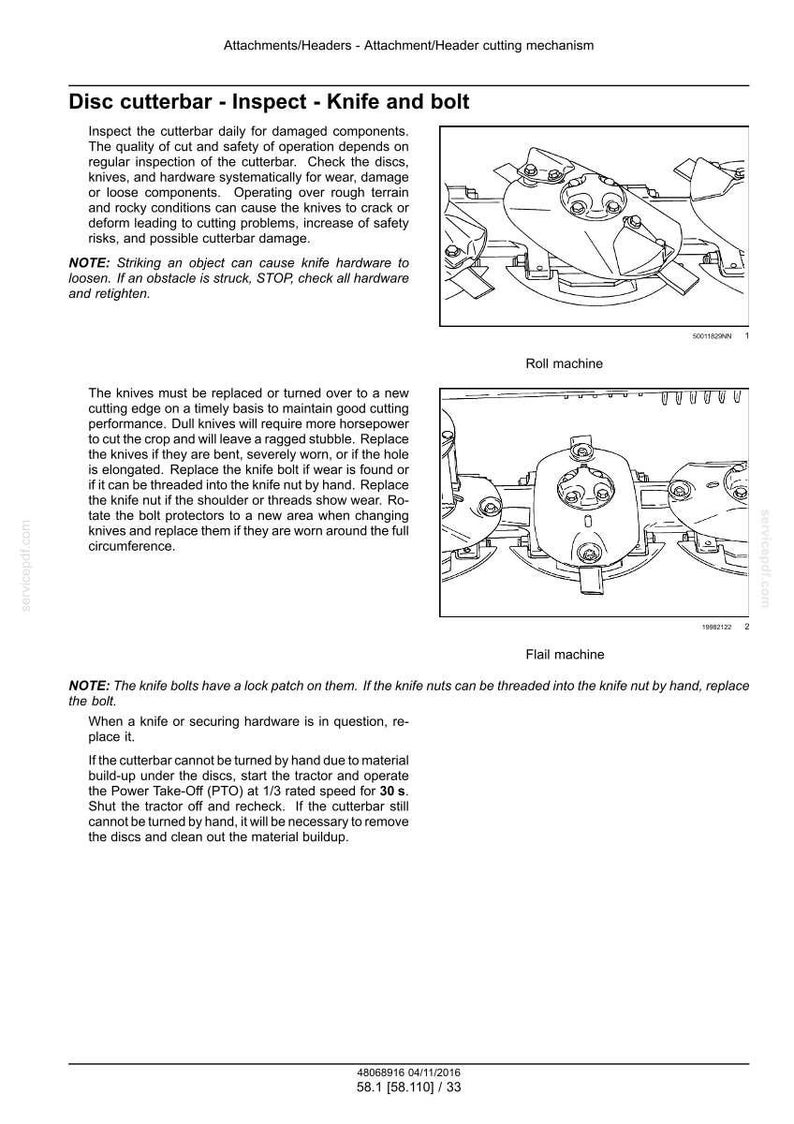 May include: Diagram detailing the inspection of a disc cutterbar, knives, and bolts. Instructions are provided for checking wear and damage. Includes illustrations of a roll machine and a flail machine, with associated text.