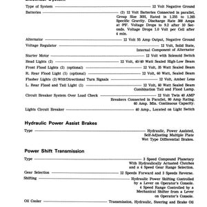 May include: A detailed specification sheet for a tractor, featuring sections on the electrical system, hydraulic power assist brakes, and power shift transmission. The text includes technical details about batteries, lights, and gear selection.