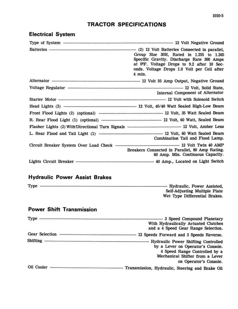 May include: A detailed specification sheet for a tractor, featuring sections on the electrical system, hydraulic power assist brakes, and power shift transmission. The text includes technical details about batteries, lights, and gear selection.
