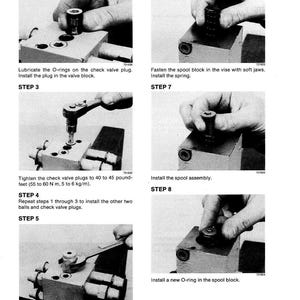 May include: A black and white technical diagram with step-by-step instructions for assembling a mechanical component. The steps include lubricating O-rings, installing plugs, tightening valve plugs, and installing a spool assembly.