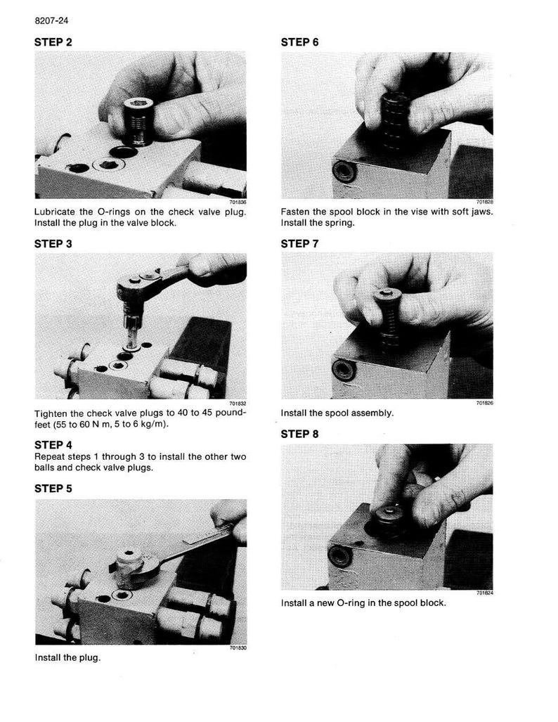 May include: A black and white technical diagram with step-by-step instructions for assembling a mechanical component. The steps include lubricating O-rings, installing plugs, tightening valve plugs, and installing a spool assembly.