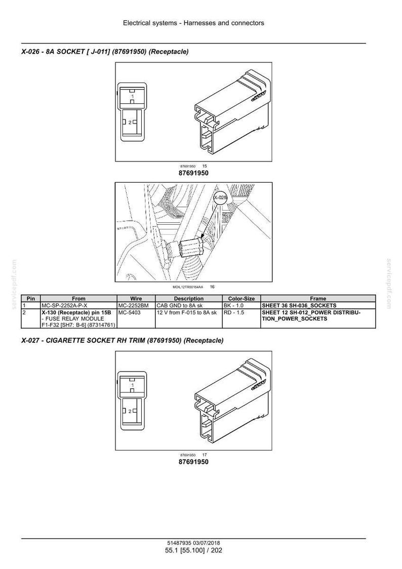 May include: Diagram of electrical connectors, including an 8A socket and a cigarette socket RH trim. The image includes detailed illustrations of the connectors, with labels and part numbers for identification. The diagram is for electrical systems and harnesses.