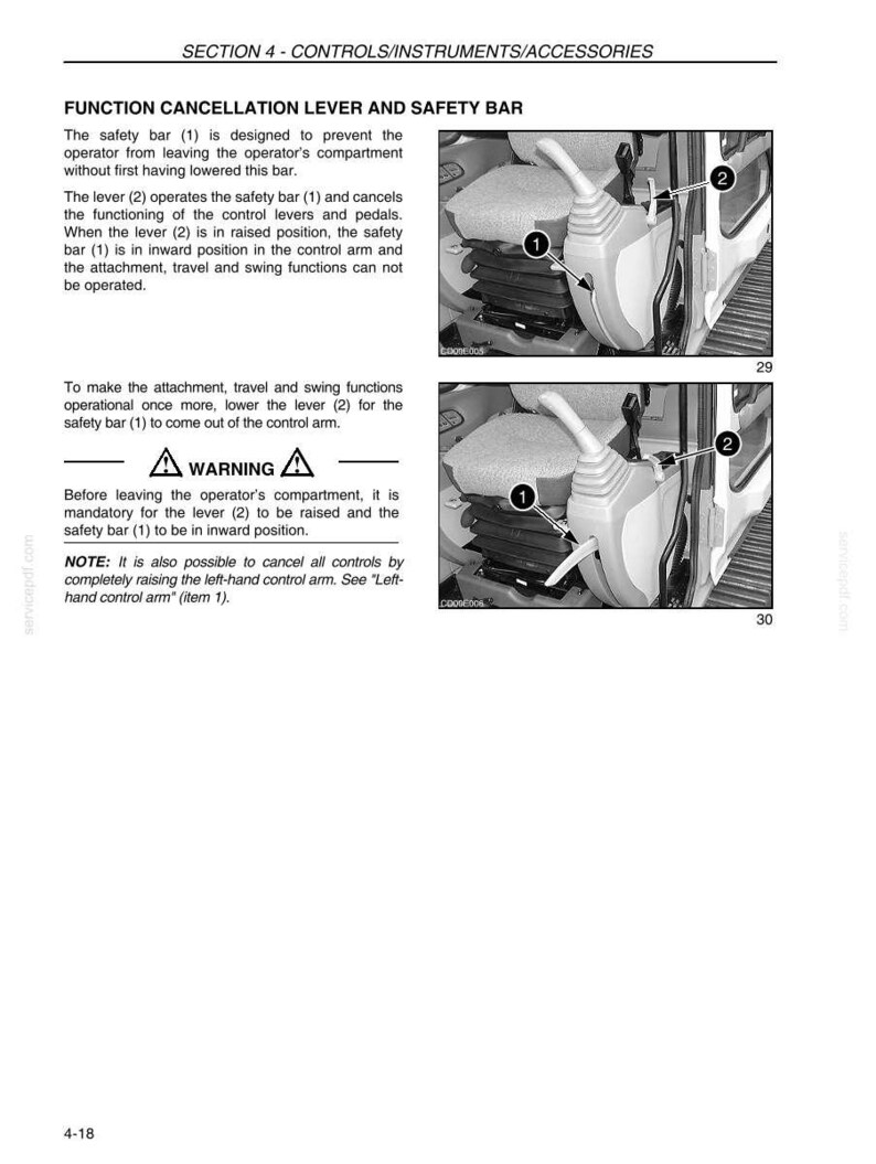 May include: Diagram of a control panel with a safety bar and lever labeled 1 and 2, respectively. The text reads "Function Cancellation Lever and Safety Bar" and includes safety instructions. The image is in black and white.