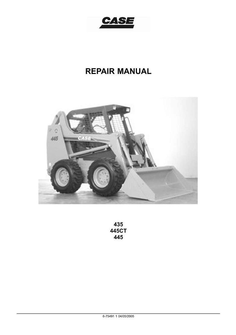 May include: A repair manual with the CASE logo at the top. The image shows a CASE 445 skid steer loader. The text on the manual reads "REPAIR MANUAL" and lists the models 435, 445CT, and 445.