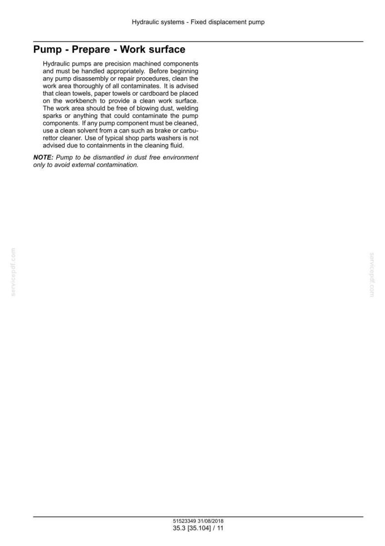 May include: A white document with the title "Pump - Prepare - Work surface" detailing instructions for hydraulic pump maintenance. The text advises cleaning the work area and using clean solvents. The document includes a note about dismantling the pump in a dust-free environment.