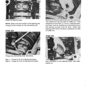 May include: A black and white technical diagram with instructions for engine repair. The image includes steps for installing bearing caps, checking clearances, and lubricating bearing liners. Text includes torque specifications in foot-pounds and Newton-meters.