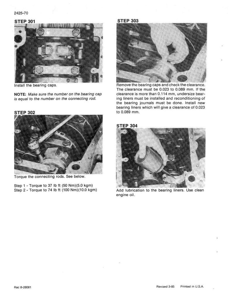 May include: A black and white technical diagram with instructions for engine repair. The image includes steps for installing bearing caps, checking clearances, and lubricating bearing liners. Text includes torque specifications in foot-pounds and Newton-meters.