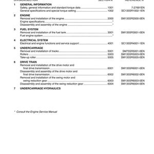 May include: A service manual for a Crawler Excavator CX135SR Tier 3. The table of contents lists sections on general information, engine, fuel system, electrical system, undercarriage, drive train, and undercarriage hydraulics.