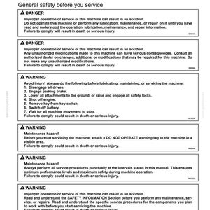 May include: A technical document page titled 7 - MAINTENANCE, GENERAL INFORMATION, containing safety instructions. It lists DANGER and WARNING sections regarding machine service, emphasizing reading manuals, disengaging drives, and safety protocols.