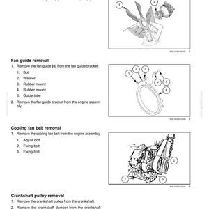 May include: Diagram of engine components, including a cooling fan, fan guide, and crankshaft pulley. The image provides step-by-step instructions for removal and assembly, with numbered parts for easy identification. Text at the bottom indicates the date and page number.