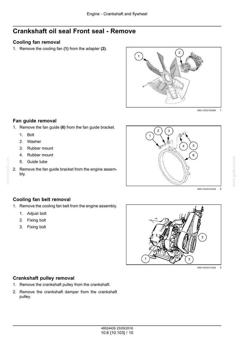 May include: Diagram of engine components, including a cooling fan, fan guide, and crankshaft pulley. The image provides step-by-step instructions for removal and assembly, with numbered parts for easy identification. Text at the bottom indicates the date and page number.