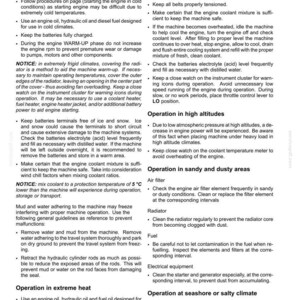 May include: A page from a manual detailing machine operation in adverse weather conditions. Topics include operation in extreme cold, extreme heat, high altitudes, and sandy/dusty areas, with maintenance tips.