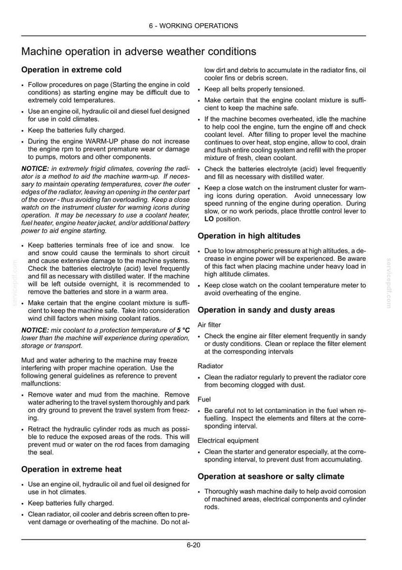 May include: A page from a manual detailing machine operation in adverse weather conditions. Topics include operation in extreme cold, extreme heat, high altitudes, and sandy/dusty areas, with maintenance tips.