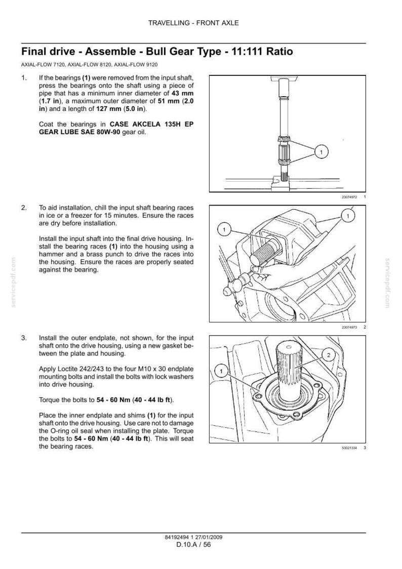 May include: Technical diagram illustrating the assembly of a final drive with a Bull Gear Type and a 11:111 ratio. Includes instructions for installing bearings, endplates, and applying Loctite. Measurements are in inches and foot-pounds.