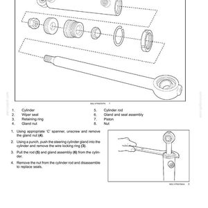 May include: Diagram illustrating the overhaul of a steering cylinder, with parts such as the cylinder, wiper seal, retaining ring, and gland nut. Includes a cylinder rod and piston. Text instructions are also present.