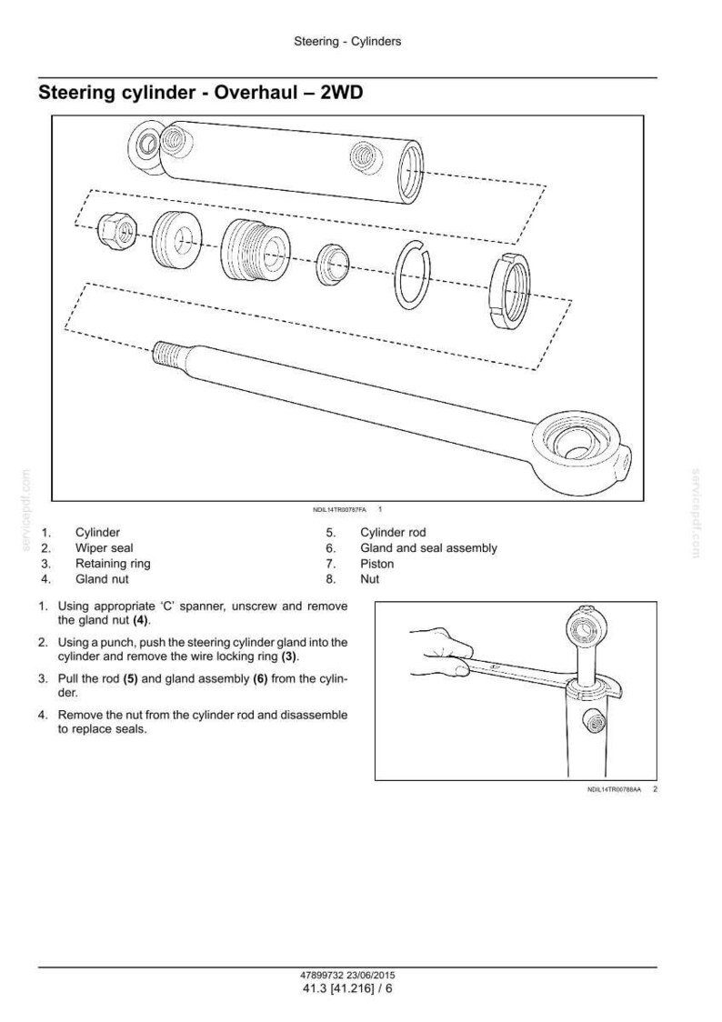 May include: Diagram illustrating the overhaul of a steering cylinder, with parts such as the cylinder, wiper seal, retaining ring, and gland nut. Includes a cylinder rod and piston. Text instructions are also present.