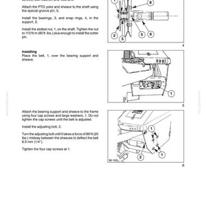 May include: A technical manual page titled SECTION 58 - ATTACHMENTS / HEADERS - CHAPTER 3, featuring black and white line drawings of mechanical assembly instructions. It includes numbered diagrams for installing a sheave, PTO yoke, and belt.