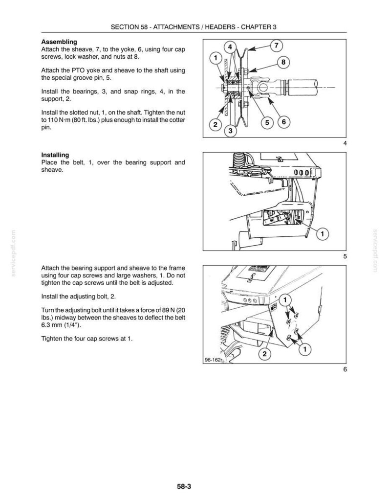 May include: A technical manual page titled SECTION 58 - ATTACHMENTS / HEADERS - CHAPTER 3, featuring black and white line drawings of mechanical assembly instructions. It includes numbered diagrams for installing a sheave, PTO yoke, and belt.