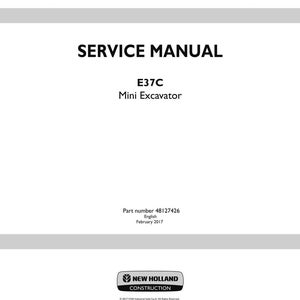 May include: A white service manual with the text "SERVICE MANUAL" in bold black letters. Below, the text reads "E37C Mini Excavator." The bottom of the manual displays the "NEW HOLLAND CONSTRUCTION" logo.